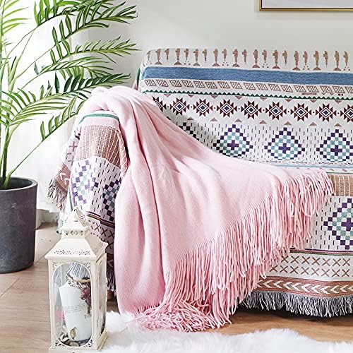 Luxlovery Beige and Purple Bohemian Sofa Throw Blankets Ethnic Woven Boho Geometric Multicolor Throw Blanket for Couch Aztec Bed Throws Oversized Chair Sofa Cover with Tassels(63"x86")