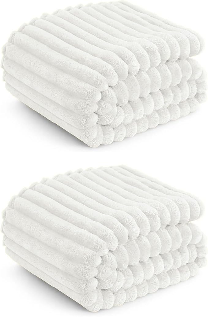 2Pcs 50"x60" Fleece Throw Blanket for Couch-350GSM Soft Cream White, Striped and Gift - Ready for Women and Men,Lightweight, Breathable and Warm, it can be Used All Year Round.