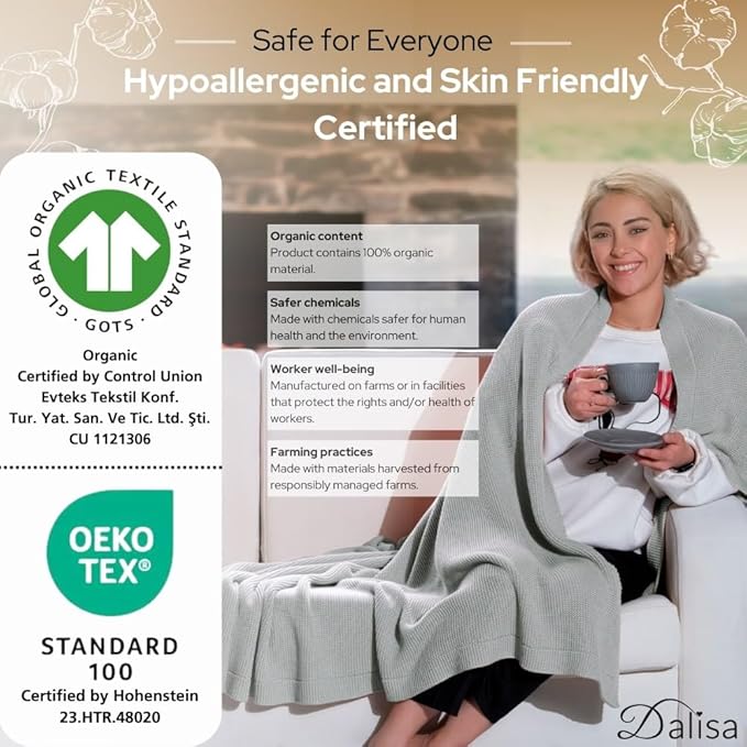 100% Organic Turkish Cotton Throw Blanket - GOTS Certified, Cozy - Perfect for Couch, Bed, and Home Decor - Boho Vintage Knit Alina (Harbor Mist, 50x60)
