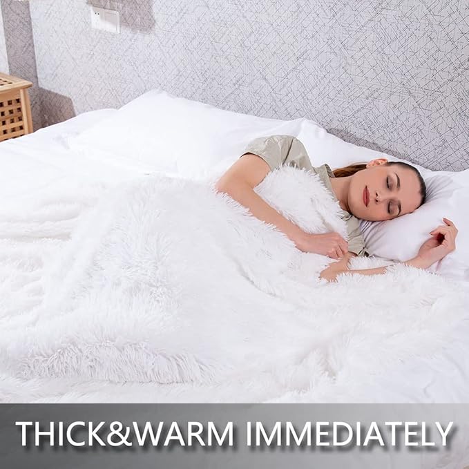YUSOKI Long Faux Fur Throw Blanket for Sofa Couch,2 Layers,2.1lb,All Ages,Home Decoration, (White,50" x 60")