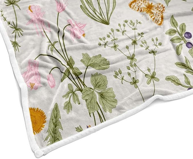 Vintage Herbs Floral Throw Blanket - Colorful Wild Flowers Printed Flannel Fleece Plush Blanket for Women, Girls - Soft, Lightweight for Bed, Sofa, Chair, Office