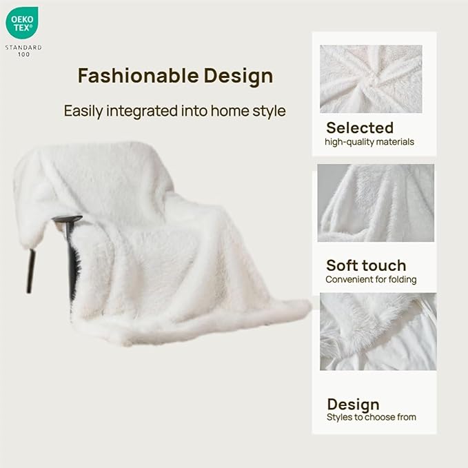 Luxury Fluffy Faux Fur Throw Blanket,Thick Fluffy Fuzzy Cozy Blanket,Plush Blankets for Couch, Sofa, Chair, Bed-Ivory White,60x80