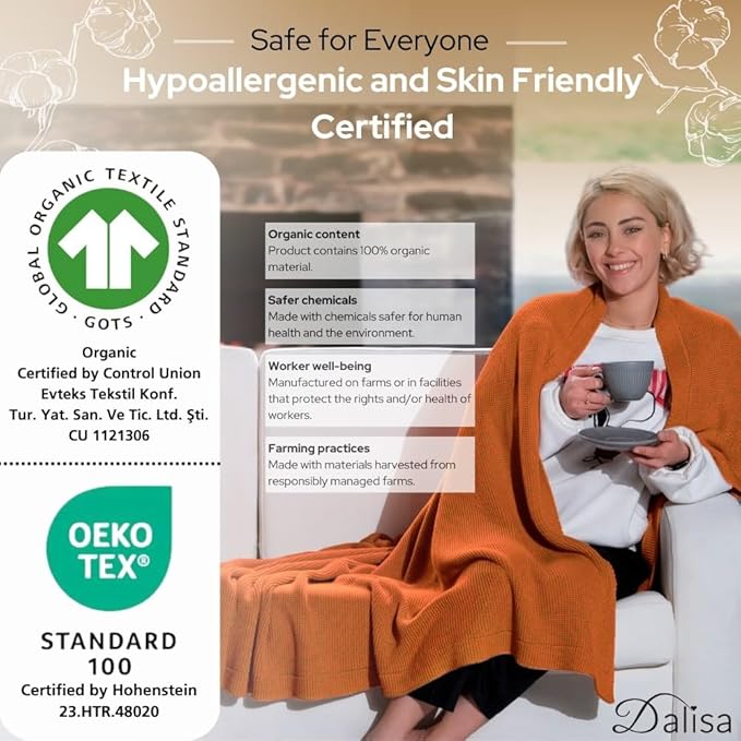 100% Organic Turkish Cotton Throw Blanket - GOTS Certified, Cozy - Perfect for Couch, Bed, and Home Decor - Boho Vintage Knit Alina (Harvest Pumpkin, 50x60)