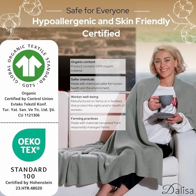 100% Organic Turkish Cotton Throw Blanket - GOTS Certified, Cozy - Perfect for Couch, Bed, and Home Decor - Boho Vintage Knit Alina (Green, 60x80)