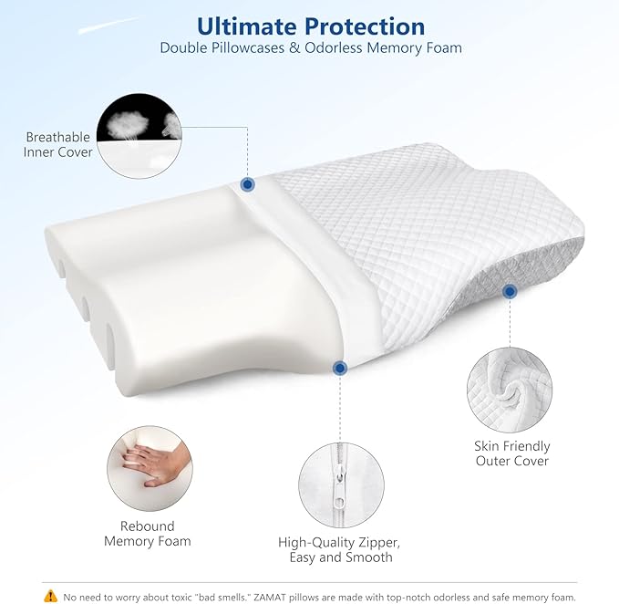 ZAMAT Contour Memory Foam Pillow for Neck Pain Relief, Adjustable Ergonomic Cervical Pillow for Sleeping, Orthopedic Neck Pillow with Washable Cover, Bed Pillows for Side, Back, Stomach Sleepers