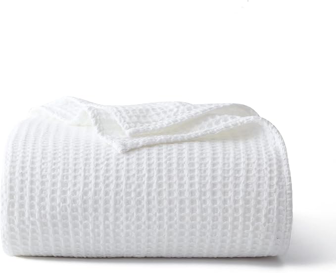 100% Cotton Waffle Blanket (White - Queen Size - 90 * 90''), Pre-Washed and Anti-Shrinkage Soft Lightweight Bed & Couch Blanket, 380 GSM Waffle Weave Throw Blanket for All Seasons