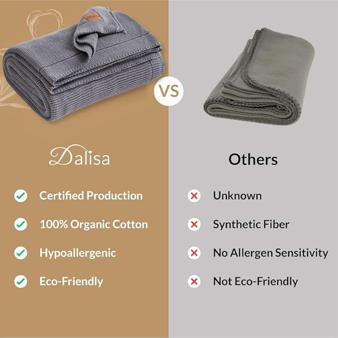 100% Organic Turkish Cotton Throw Blanket - GOTS Certified, Cozy - Perfect for Couch, Bed, and Home Decor - Boho Vintage Knit Alina (Dark Grey, 80x90)