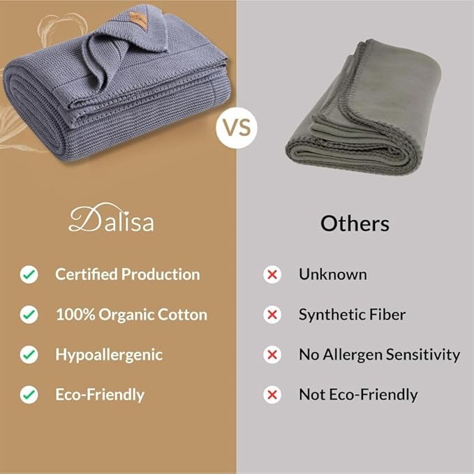 100% Organic Turkish Cotton Throw Blanket - GOTS Certified, Cozy - Perfect for Couch, Bed, and Home Decor - Boho Vintage Knit Alina (Grey Blue, 80x90)