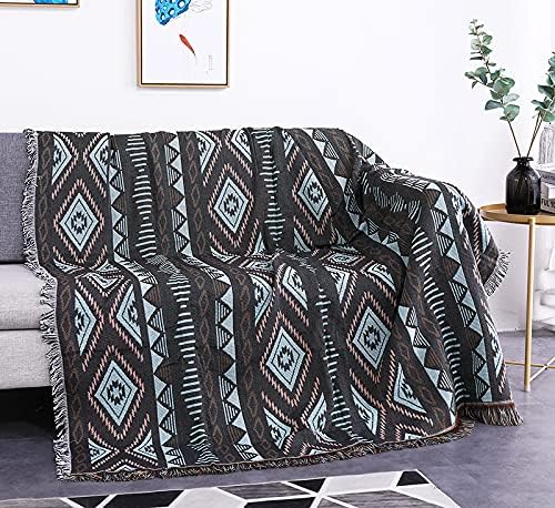 Luxlovery Beige Bohemian Sofa Throw Blankets Ethnic Woven Boho Geometric White and Khaki Throw Blanket for Couch Aztec Bed Throws Oversized Chair Sofa Cover with Tassels(63"x102")