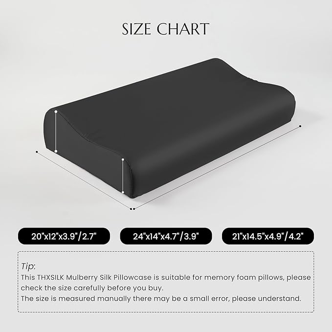 THXSILK 19 Momme 100% Mulberry Silk Pillowcase for Contour Memory Foam Pillow, Contour Pillow Case Cover, Cervical Pillow Case, Pack of 1(Black, 24"x14"x4.7"/3.9")