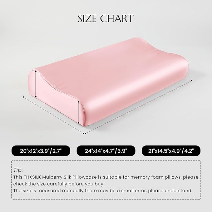 THXSILK 19 Momme 100% Mulberry Silk Pillowcase for Contour Memory Foam Pillow, Contour Pillow Case Cover, Cervical Pillow Case, Pack of 1(Charming Pink, 21"x14.5"x4.9"/4.2")