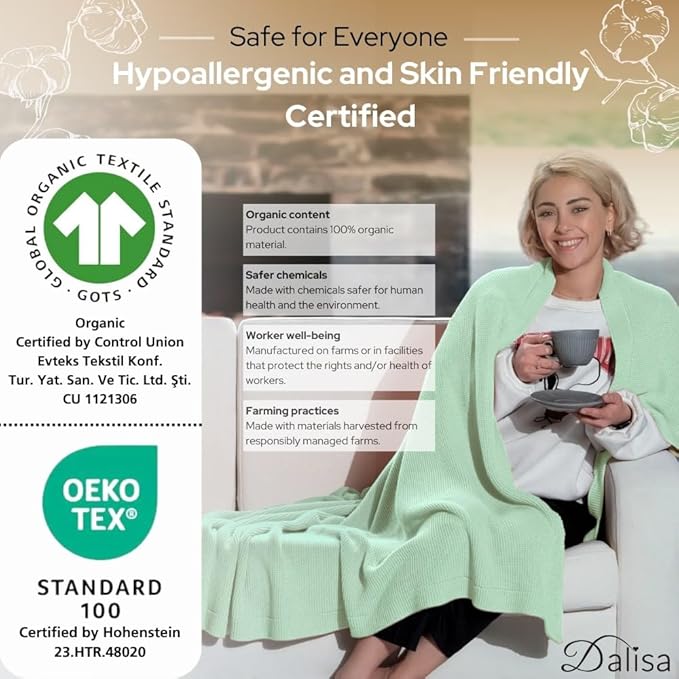100% Organic Turkish Cotton Throw Blanket - GOTS Certified, Cozy - Perfect for Couch, Bed, and Home Decor - Boho Vintage Knit Alina (Sage, 60x80)