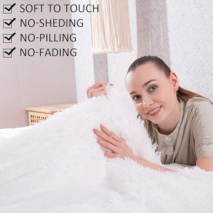 YUSOKI Twin Size Faux Fur Throw Blanket(White,60" x 80"),Whithout Pillows,Winter Lightweight Plush Fuzzy Soft Cozy Microfiber Comfy Bed Blanket for Women Kids Girls Couch Sofa Washable