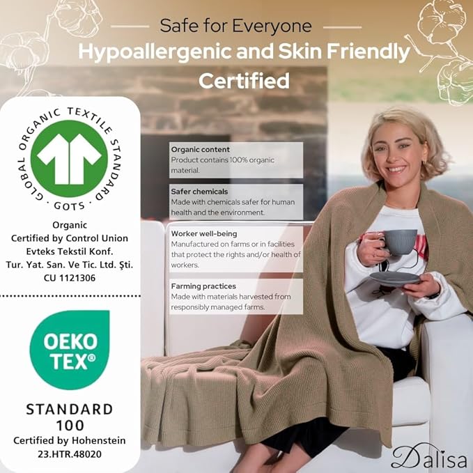 100% Organic Turkish Cotton Throw Blanket - GOTS Certified, Cozy - Perfect for Couch, Bed, and Home Decor - Boho Vintage Knit Alina (Mocha Meringue, 50x60)