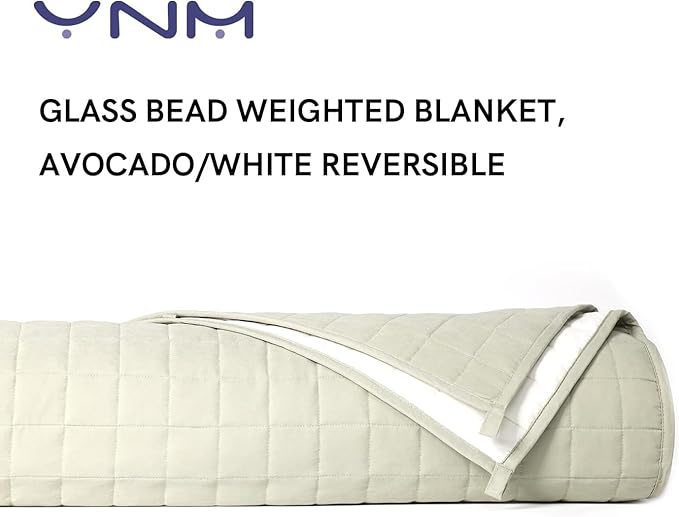 YnM Exclusive Weighted Blanket, Soothing Cotton/Polyester, Smallest Compartments, Bed Blanket for One Person of 140lbs, Ideal for Queen/King Bed (60x80 Inches, 15 Pounds, Avocado/White Reversible)