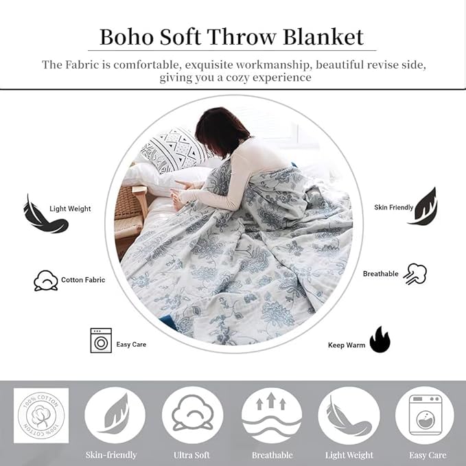 Muslin Throw Blankets for Bed,100% Cotton Softy Cozy Boho Quilt Throw for Bed,Living, Reversible Lightweight Fall Throw Blankets for Bedroom,Sofa, Couch,Chair 60"x80"