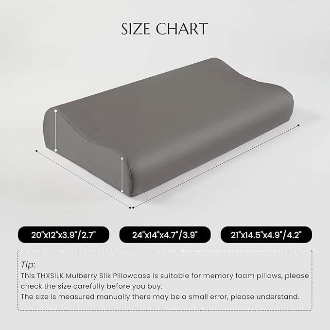 THXSILK 19 Momme 100% Mulberry Silk Pillowcase for Contour Memory Foam Pillow, Contour Pillow Case Cover, Cervical Pillow Case, Pack of 1(Charcoal, 21"x14.5"x4.9"/4.2")