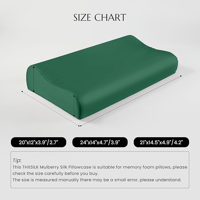 THXSILK 19 Momme 100% Mulberry Silk Pillowcase for Contour Memory Foam Pillow, Contour Pillow Case Cover, Cervical Pillow Case, Pack of 1((Emerald Green, 24"x14"x4.7"/3.9")