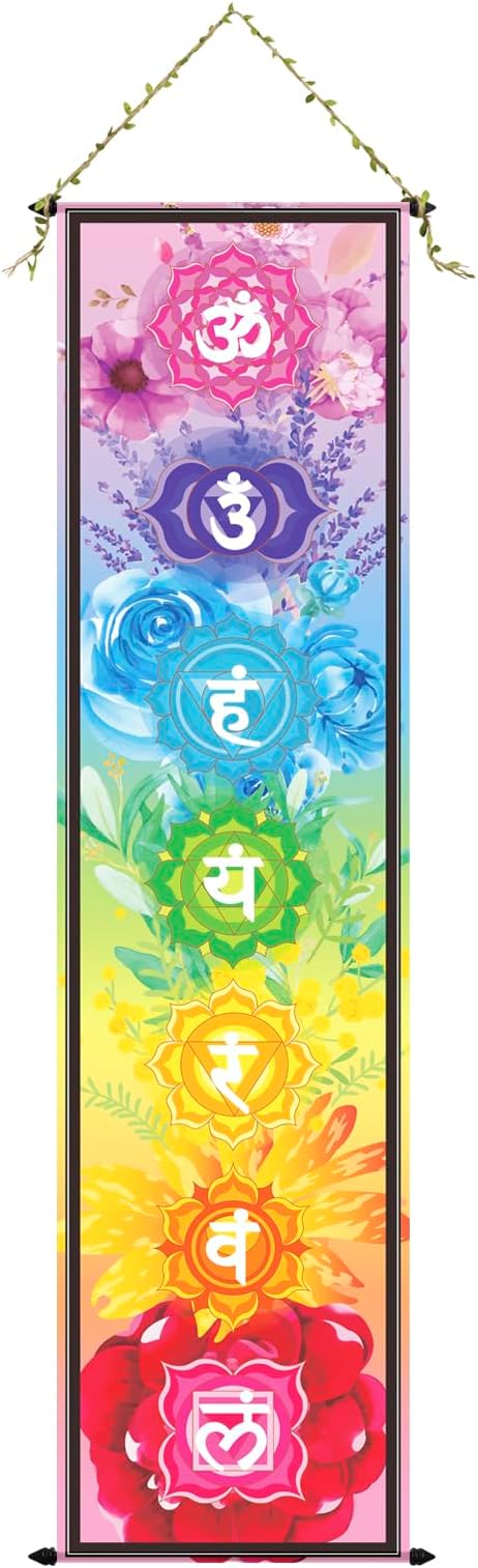 DigiTizerArt Hanging Poster Canvas Wall Art Banner for Meditation 7 Chakras Yoga Painting | Wall Hanging Tapestry Decoration Black and White | 33 x 135 cm (Style-C)