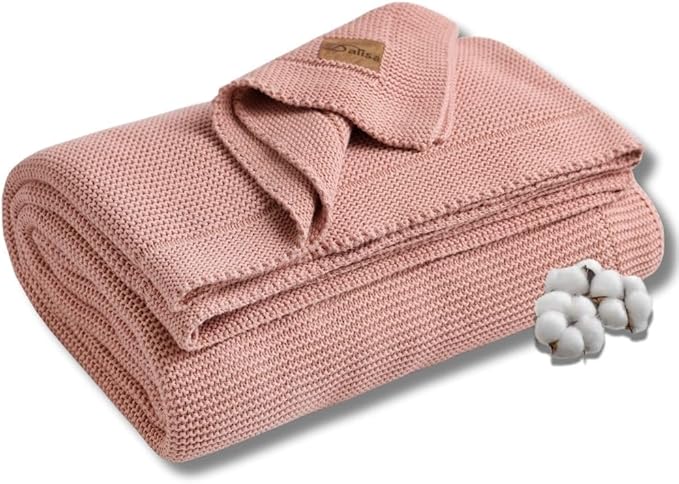 100% Organic Turkish Cotton Throw Blanket - GOTS Certified, Cozy - Perfect for Couch, Bed, and Home Decor - Boho Vintage Knit Alina (Pink, 80x90)
