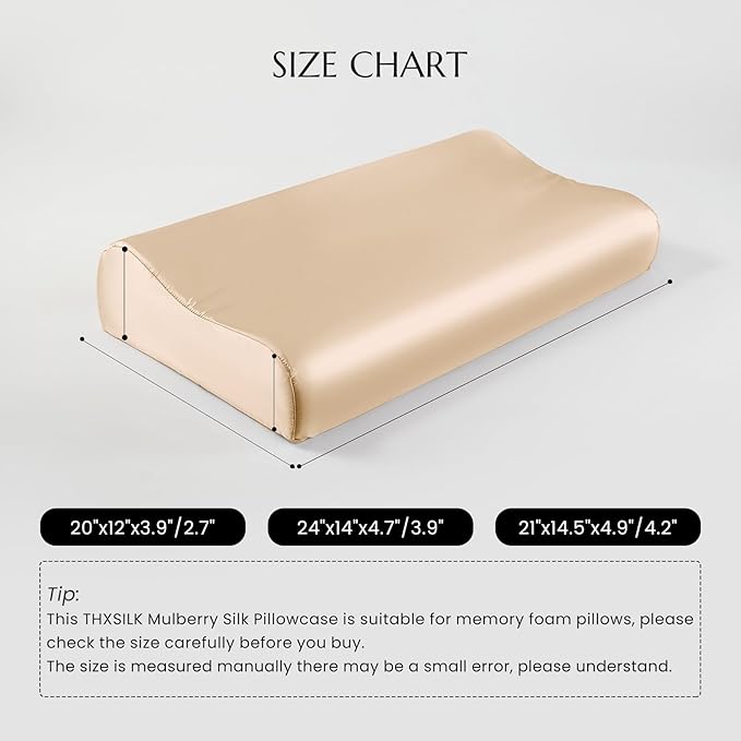 THXSILK 19 Momme 100% Mulberry Silk Pillowcase for Contour Memory Foam Pillow, Contour Pillow Case Cover, Cervical Pillow Case, Pack of 1(Champagne, 21"x14.5"x4.9"/4.2")