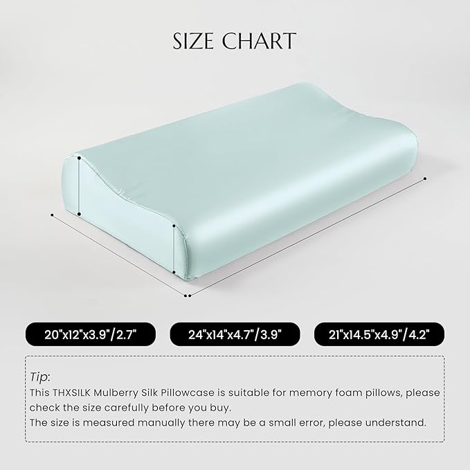 THXSILK 19 Momme 100% Mulberry Silk Pillowcase for Contour Memory Foam Pillow, Contour Pillow Case Cover, Cervical Pillow Case, Pack of 1(Light Blue, 24"x14"x4.7"/3.9")