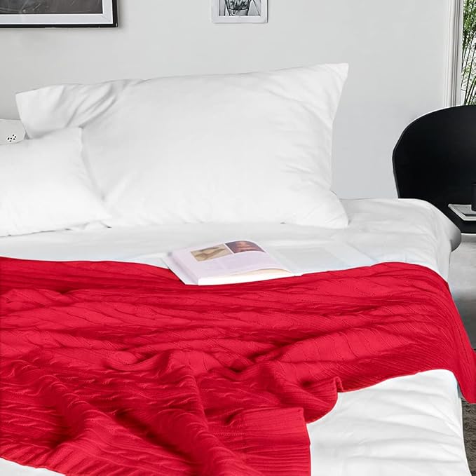 NTBAY 100% Pure Cotton Oversize (60x80) Cable Knit Throw Blanket, Super Soft Warm Knitted Throw Blanket for Bed, Sofa, Chair, Couch - Extra Cozy, Machine Washable, Comfortable Home Decor, Red