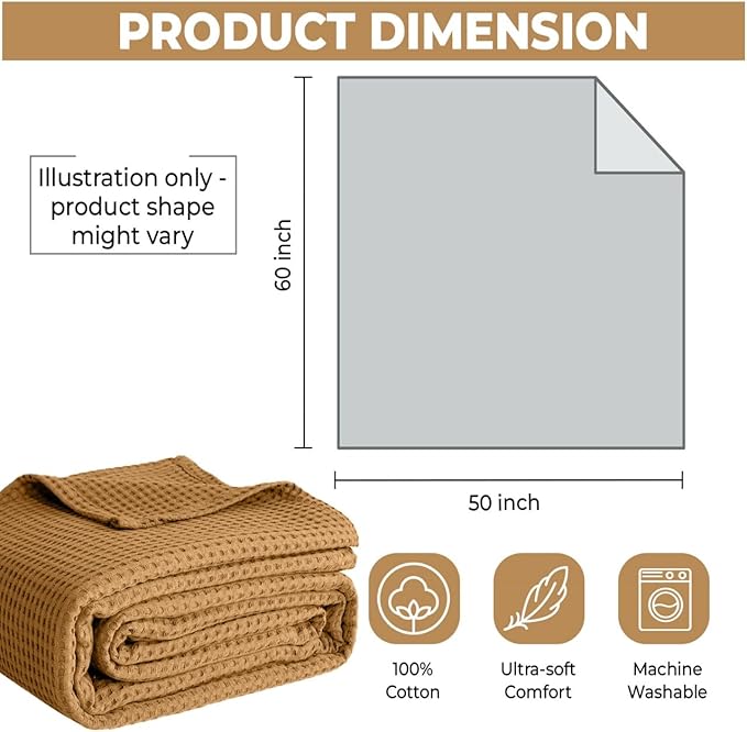 100% Cotton Blankets Queen Size for Bed - Waffle Weave Blankets for Summer, Lightweight and Breathable Soft Woven Blanket for Spring, White, 90x90 Inches (Orange, Queen (90" x 90"))