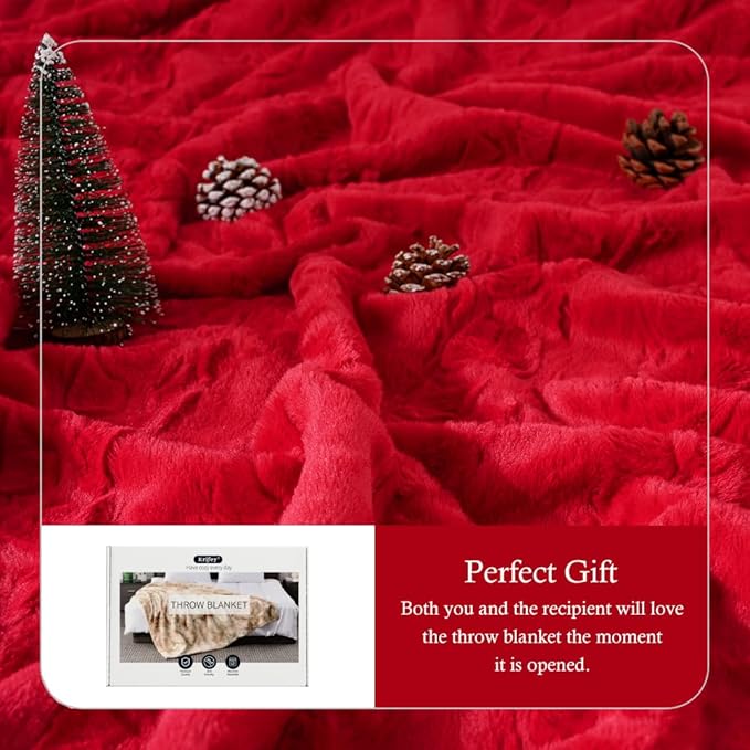 Krifey Oversized Faux Fur Blanket, Super Soft Cozy Blanket, Luxury Fluffy Throw Blanket Fuzzy Bed Throw, Plush Christmas Blanket Gift for Women, Red, 60" x 80"