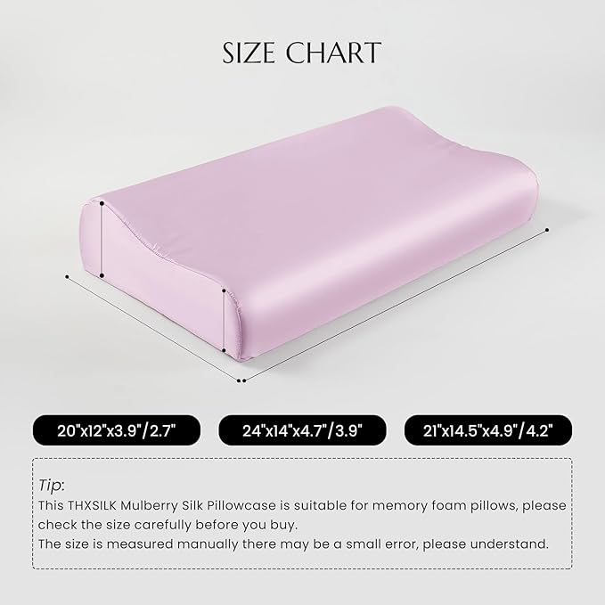 THXSILK 19 Momme 100% Mulberry Silk Pillowcase for Contour Memory Foam Pillow, Contour Pillow Case Cover, Cervical Pillow Case, Pack of 1(Light Purple, 20"x12"x3.9"/2.7")