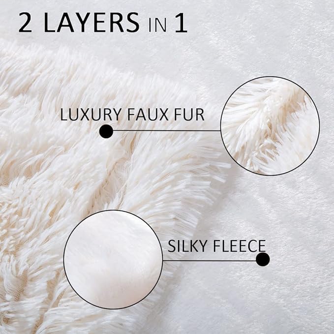 YUSOKI Long Faux Fur Throw Blanket for Sofa Couch,2 Layers,2.1lb,All Ages,Home Decoration, (Cream White,50" x 60")