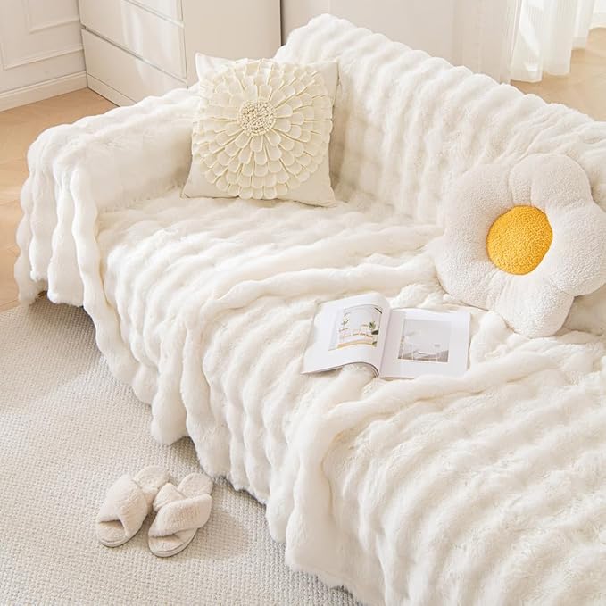 AMWAN Cozy Faux Fur Couch Cover Large Fuzzy Blanket for Sofabed,Loveseat Thick Cozy Shaggy Sofa Slipcover for Sectional,L Shaped Sofa Pets Multifunctional Throws Living Room Decor,Cloud White,71x134’’