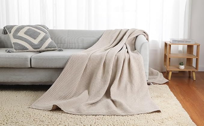 100% Cotton Waffle Blanket (Khaki - Queen Size - 90 * 90''), Pre-Washed and Anti-Shrinkage Soft Lightweight Bed & Couch Blanket, 380 GSM Waffle Weave Throw Blanket for All Seasons