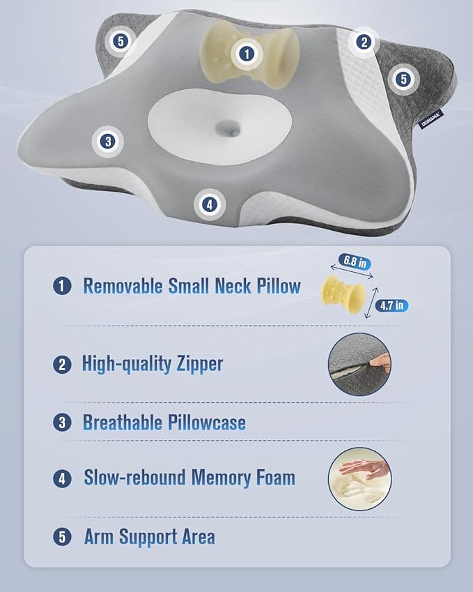 DONAMA Cervical Neck Pillow for Sleeping, Ergonomic Memory Foam Pillows with Built-in/Removable Small Neck Support Pillow, Contour Bed Pillows for Side Back Stomach Sleepers with Pillowcase Queen Size