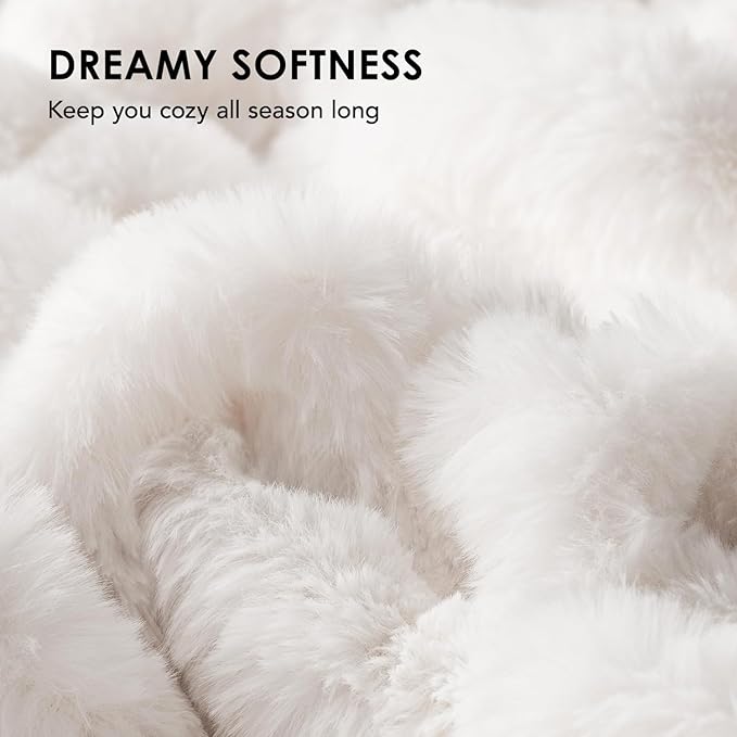EVERGRACE Luxurious Soft Faux Rabbit Fur Throw Blanket, Cozy Fuzzy Plush Warm Throws for Couch Bed Sofa Chair Home Decor, Ruched Bubble Fluffy Blanket with Reversible Velvet, 60" x 80", Ivory White