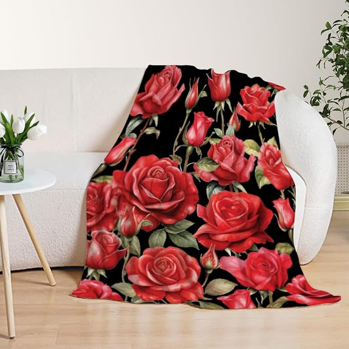 YeeJu Rose Kids Throw Blanket Small Red Floral Blanket for Girls Boys Child Baby Bed Soft Fuzzy Plush Fleece Blankets Black Spring Summer Flower Decorative Print Blanket 40x50