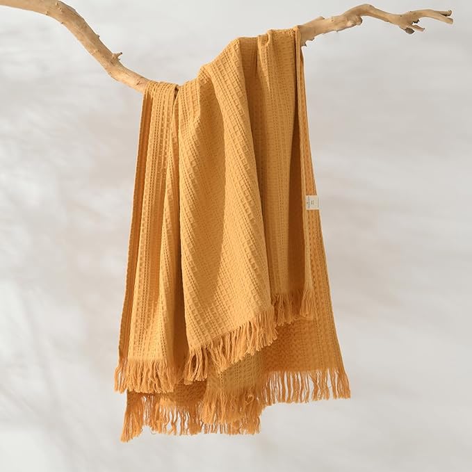 100% Cotton Waffle Queen Blanket with Fringe 90"x90", Pre-Washed Waffle Weave Blanket for All Season, Lightweight Breathable Soft Cozy Throw Blanket for Couch, Bed, Travel (Mustand Yellow)