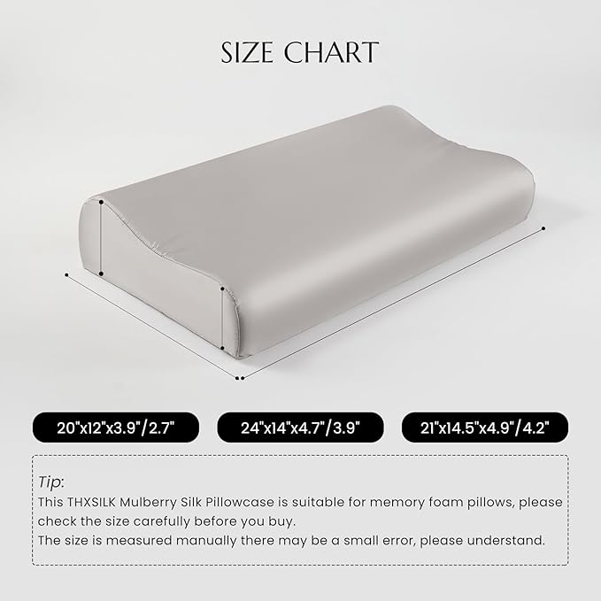 THXSILK 19 Momme 100% Mulberry Silk Pillowcase for Contour Memory Foam Pillow, Contour Pillow Case Cover, Cervical Pillow Case, Pack of 1(Grey, 21"x14.5"x4.9"/4.2")