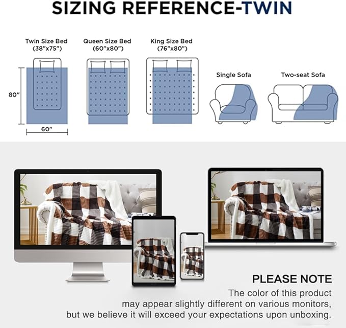 PU MEI Sherpa Blanket Twin Plaid Thick Bed Blanket, 60”*80” Super Soft Flannel Fuzzy Fleece Reversible Velvet Plush Warm Blanket for Couch(Brown-Check, 60"*80")