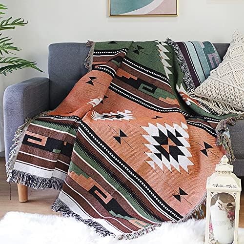 Luxlovery Bohemian Sofa Throw Blankets Ethnic Woven Boho Green and Orange Multicolor Throw Blanket for Couch Bed Throws Chair Sofa Cover with Tassels(63"x102")