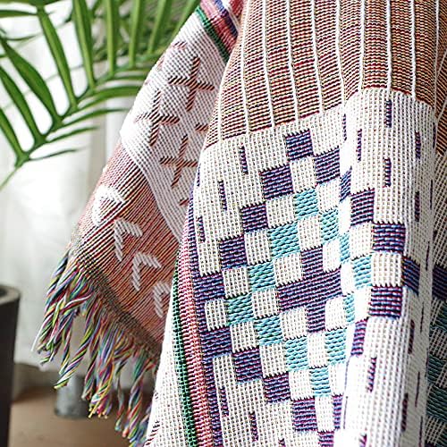 Luxlovery Beige and Purple Bohemian Sofa Throw Blankets Ethnic Woven Boho Geometric Multicolor Throw Blanket for Couch Aztec Bed Throws Oversized Chair Sofa Cover with Tassels(63"x86")