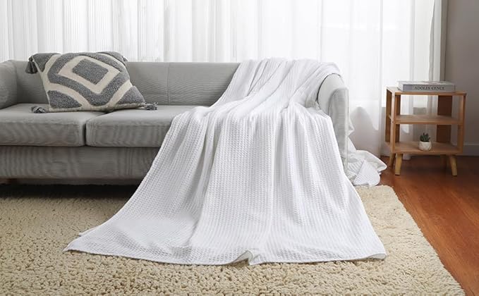 100% Cotton Waffle Blanket (White - Queen Size - 90 * 90''), Pre-Washed and Anti-Shrinkage Soft Lightweight Bed & Couch Blanket, 380 GSM Waffle Weave Throw Blanket for All Seasons