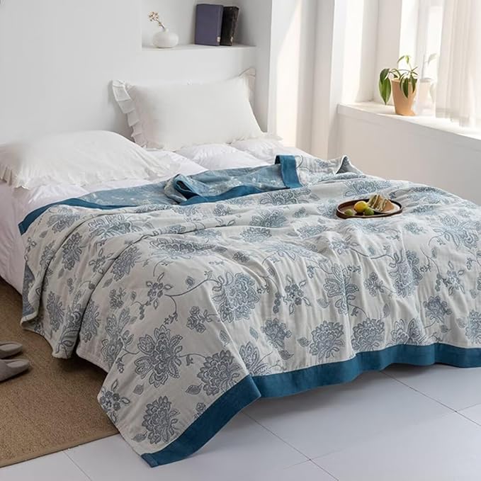 Muslin Throw Blankets for Bed,100% Cotton Softy Cozy Boho Quilt Throw for Bed,Living, Reversible Lightweight Fall Throw Blankets for Bedroom,Sofa, Couch,Chair 60"x80"