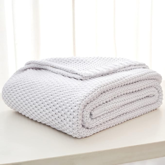 Longhui bedding Chunky Cable Knit Throw Blanket Lightweight White 100% Organic Cotton Blanket for Sofa Couch Bed Baby Nursery, Rustic Shabby Chic Modern Farmhouse, 60” x 80” Give Laundering Bag
