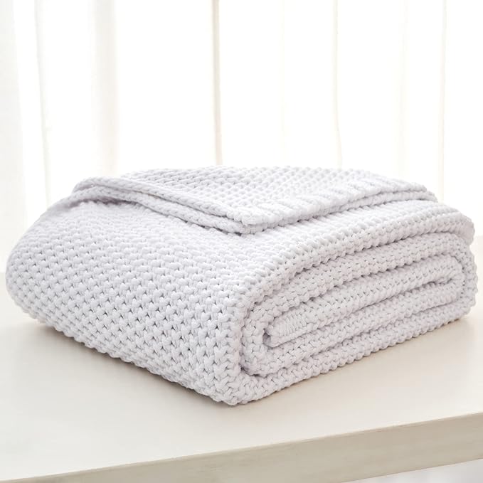 Chunky Cable Knit Throw Blanket Lightweight White 100% Organic Cotton Blanket for Sofa Couch Bed Baby Nursery, Rustic Shabby Chic Modern Farmhouse, Pure White 51” x 63” Give Laundering Bag