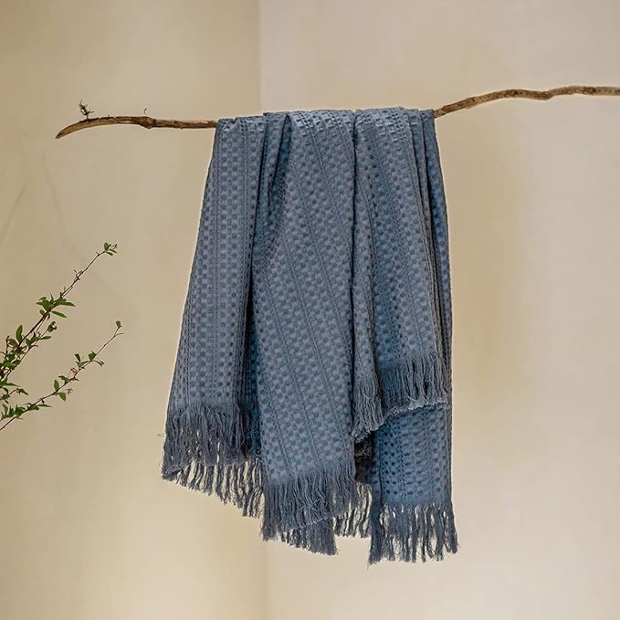 100% Cotton Waffle Blanket with Fringe, Pre-Washed Waffle Weave Blanket for All Season, Lightweight Breathable Soft Cozy Throw Blanket for Couch, Bed, Travel (Blue - 66x90 Inches)