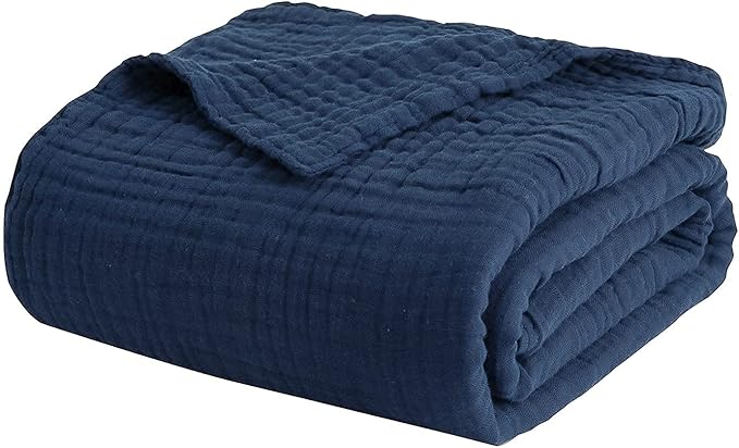 EMME Muslin Blanket 100% Cotton Throw Blankets for Couch Breathable Gauze Blanket All Season Soft and Lightweight Pre-Washed Cotton Blanket (Navy, 60"x80")