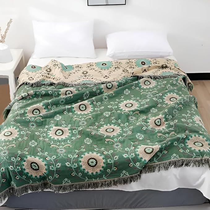 Floral Printed Throw Blankets for Bed Home Decor, 100% Cotton Soft Cozy Boho Quilts Blankets 80"x90",Lightweight Farmhouse Blanketsfor Armchair,Soaft,Couch,Picnic