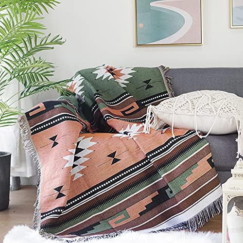 Luxlovery Bohemian Sofa Throw Blankets Ethnic Woven Boho Green and Orange Multicolor Throw Blanket for Couch Bed Throws Chair Sofa Cover with Tassels(63"x102")