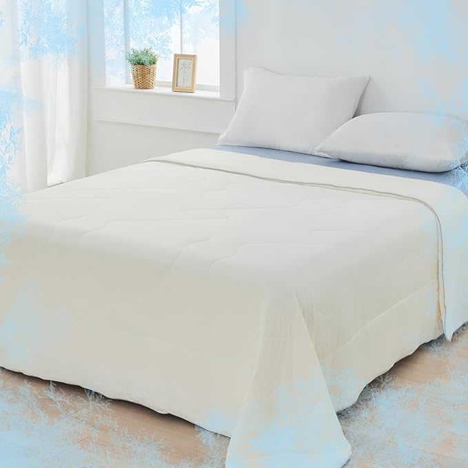 EMME Cooling Comforter Queen Size, Double-Sided Cooling Blanket for Hot Sleepers, Q-Max>0.45 Breathable Summer Quilt for Night Sweater, Cold Touch Lightweight Duvet Insert (Beige,90 x 90)